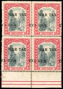Bahamas 1918 War Tax 1d Block with Overprint Error – Lot 10