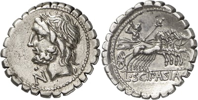 Roman Republic, Silver Serrated Denarius. Issued in an attempt to prevent counterfeiting, the Denarius Serratus was something of a failure.