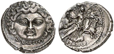 Image: Roman Republic, L. Plautius Plancus (47 BC), Silver Denarius. Coins of this moneyer bore hideous depictions of Medusa. Crawford 453/1c.