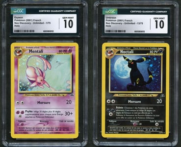 Lot 67 and Lot 68 CGC 10 Espeon- Neo Discovery FRENCH - Population 1 [Mentali] and CGC 10 Umbreon - Neo Discovery FRENCH - Population 1 [Noctali]